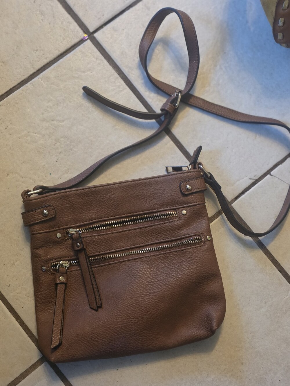 DLG Brown Leather Cross Body Strap Multiple Compartment  Purse